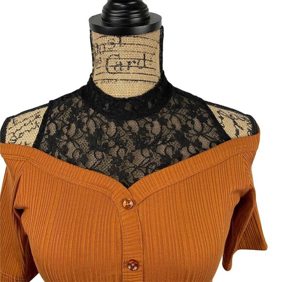 Murua Brown Faux Button Black Lace Neck Top Ribbed Shirt Size F - Picture 2 of 8